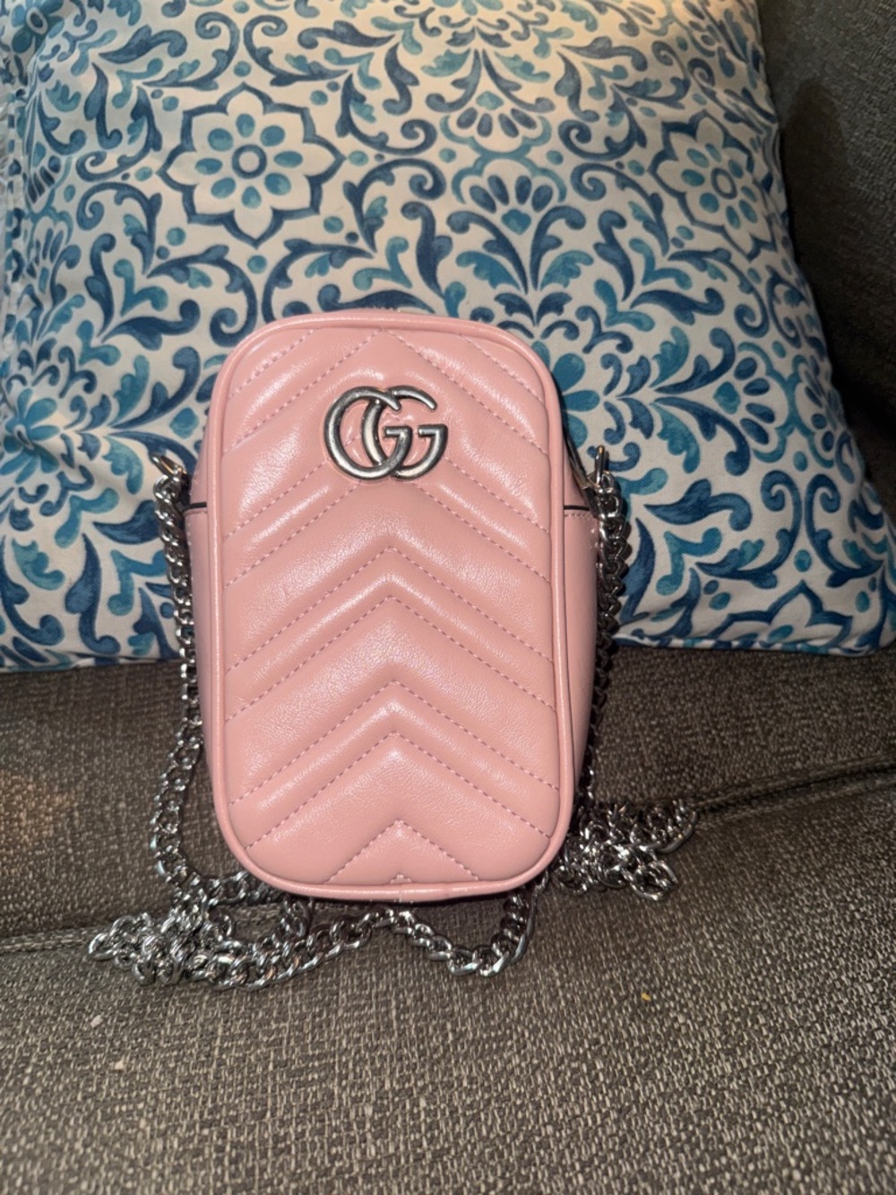 Pink Chevron Mini Crossbody Bag with Silver Chain